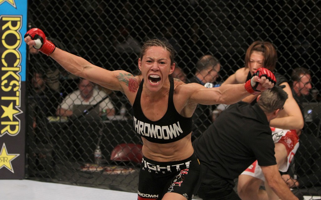 SAN DIEGO - DECEMBER 17: Cris "Cyborg" Santos reacts to her knockout victory over Hiroko Yamanaka during the Strikeforce event at the Valley View Casino Center on December 17, 2011 in San Diego, California. (Photo by Josh Hedges/Forza LLC/Forza LLC via Getty Images)